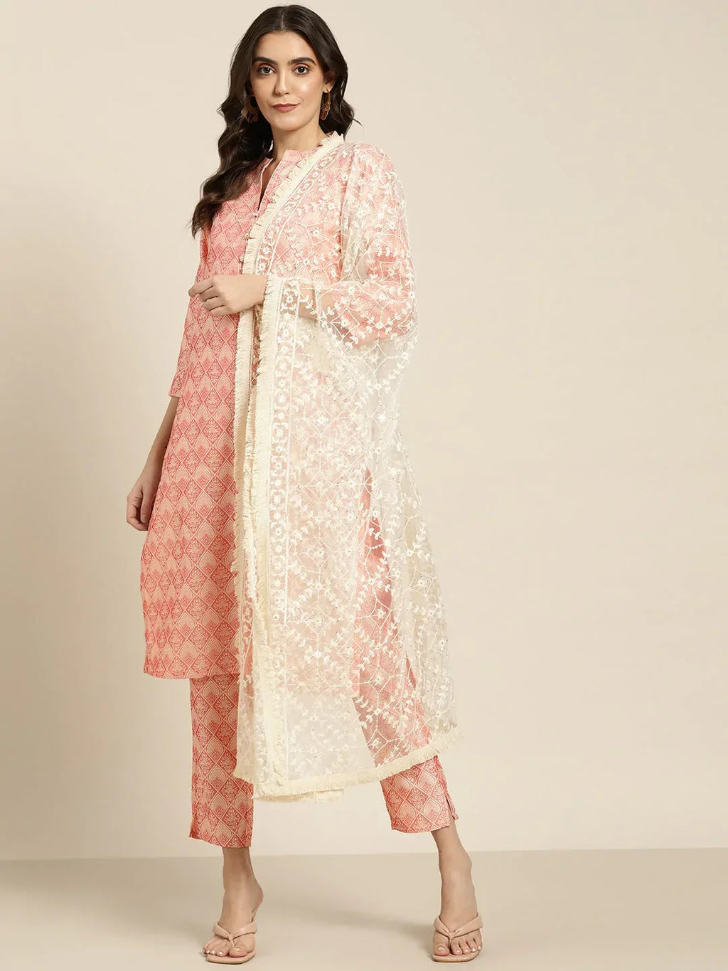 Jompers Women's Pink Jacquard Woven Design Straight Kurta Trousers & Chikankari Dupatta | Grocsy