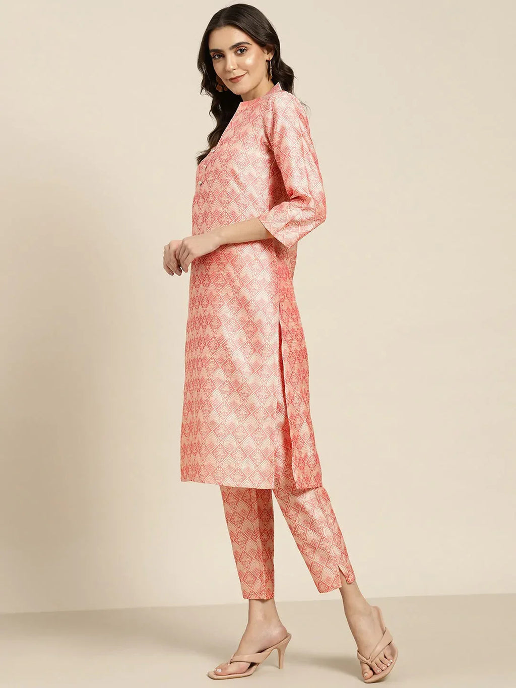 Jompers Women's Pink Jacquard Woven Design Straight Kurta Trousers & Chikankari Dupatta | Grocsy