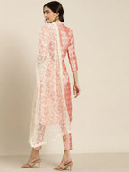 Jompers Women's Pink Jacquard Woven Design Straight Kurta Trousers & Chikankari Dupatta | Grocsy
