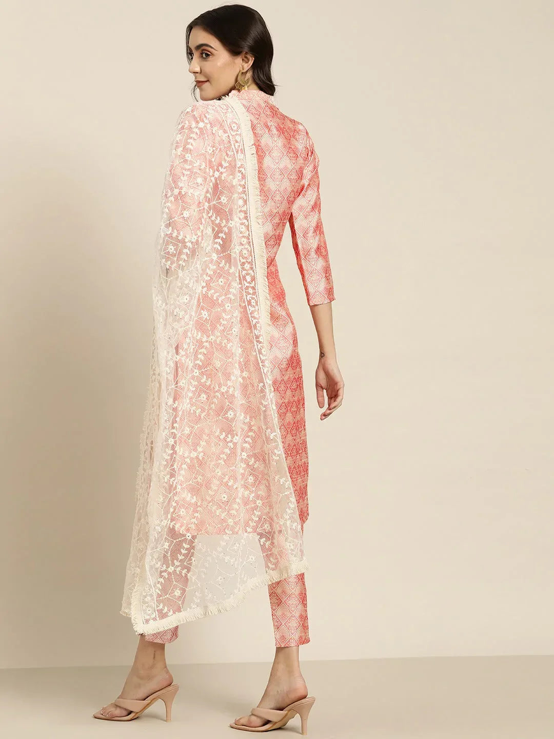 Jompers Women's Pink Jacquard Woven Design Straight Kurta Trousers & Chikankari Dupatta | Grocsy