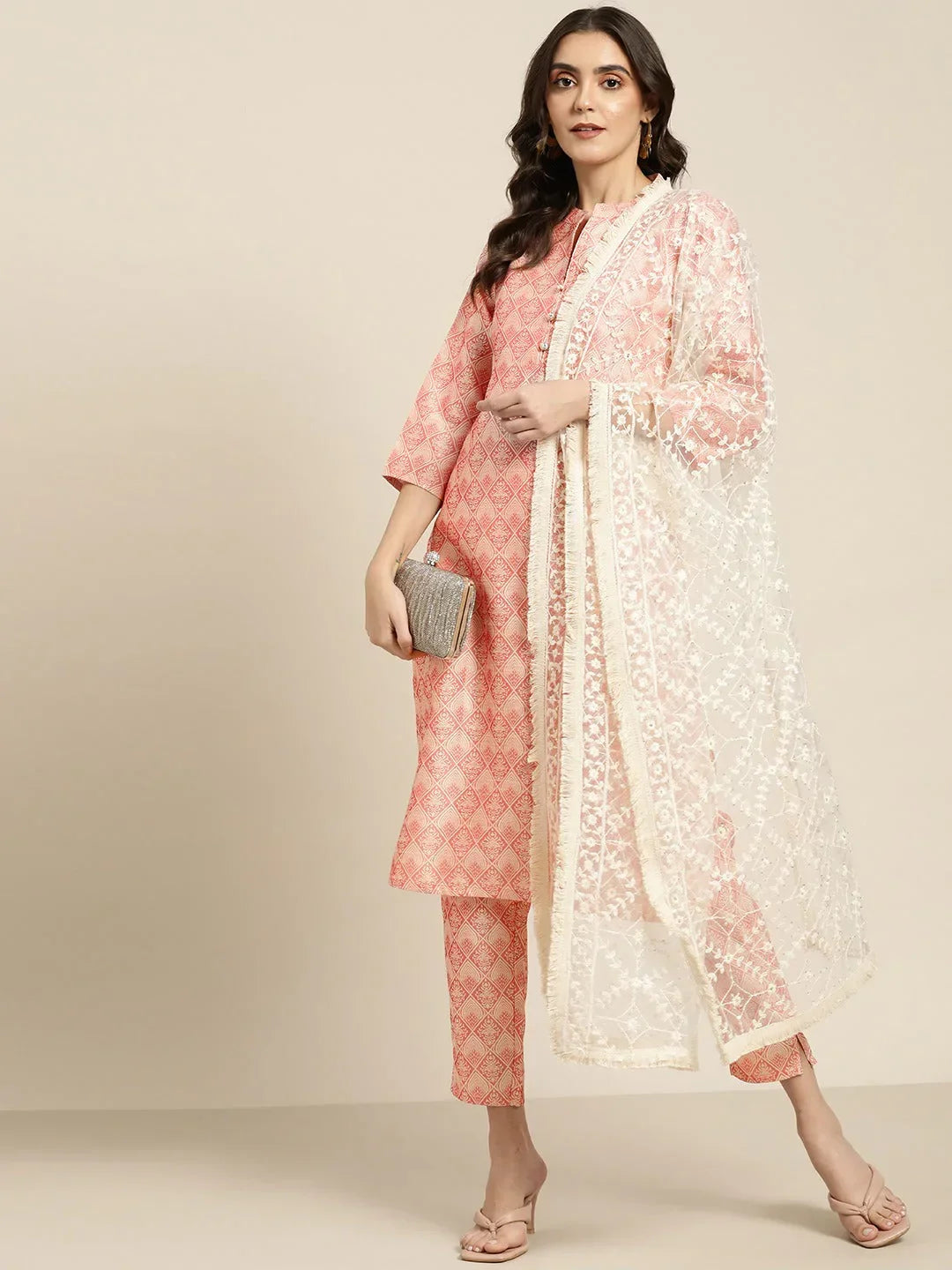 Jompers Women's Pink Jacquard Woven Design Straight Kurta Trousers & Chikankari Dupatta | Grocsy