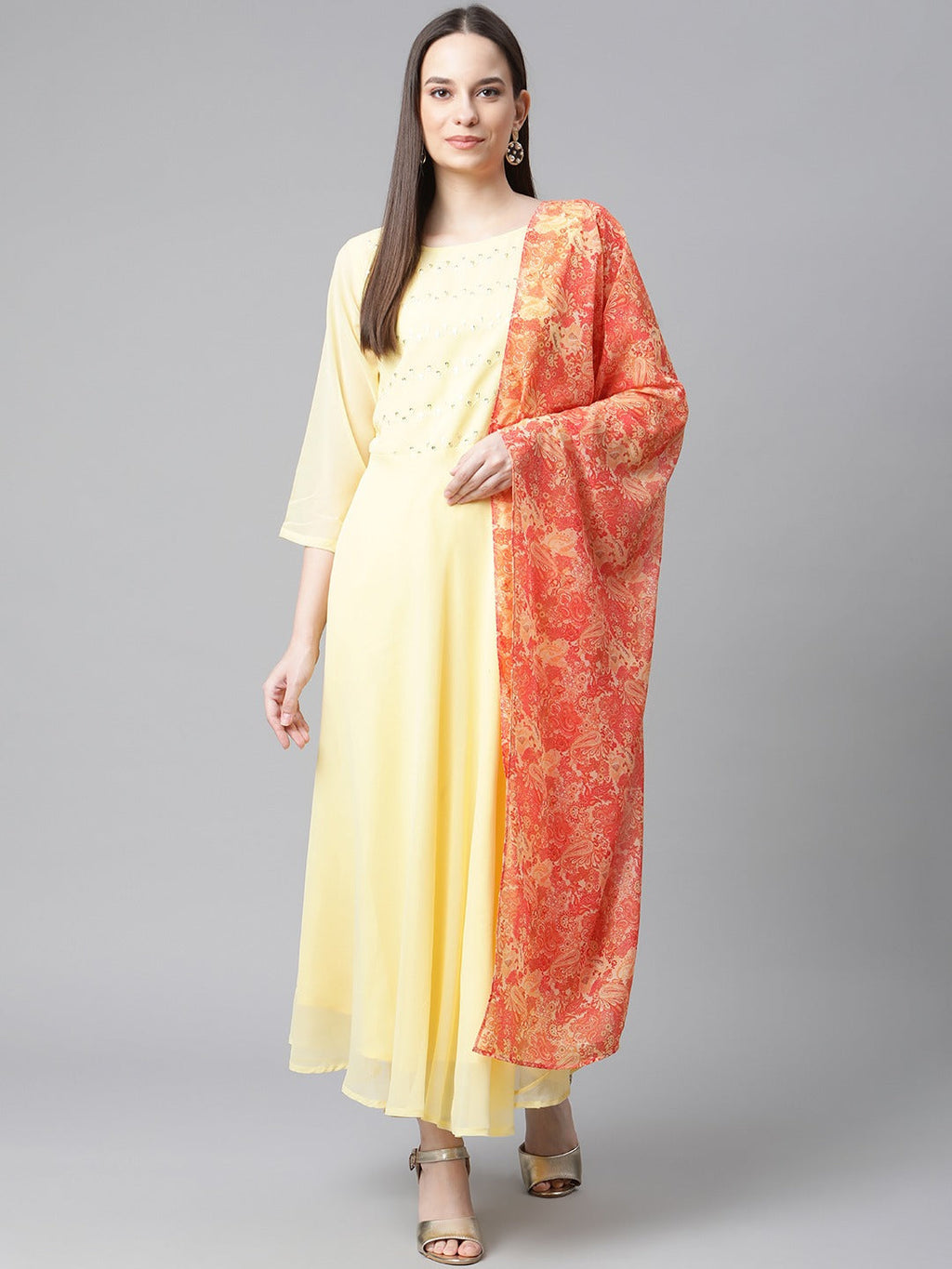 Jompers Women Yellow Embroidered Regular Sequinned Kurta with Trousers & With Dupatta | Grocsy