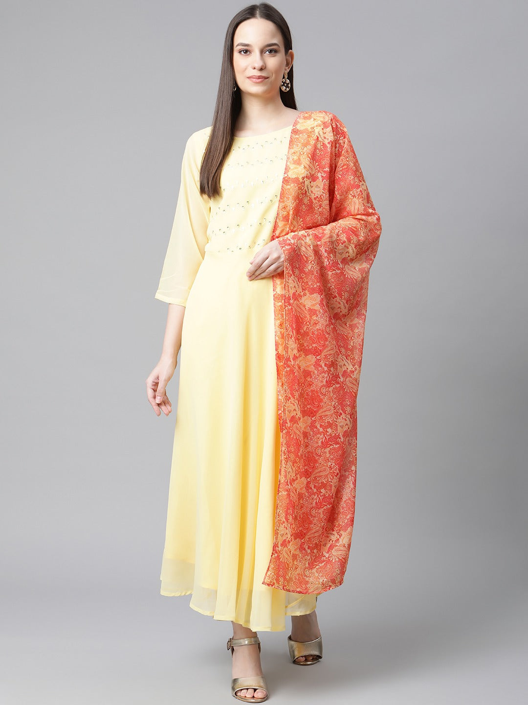 Jompers Women Yellow Embroidered Regular Sequinned Kurta with Trousers & With Dupatta | Grocsy