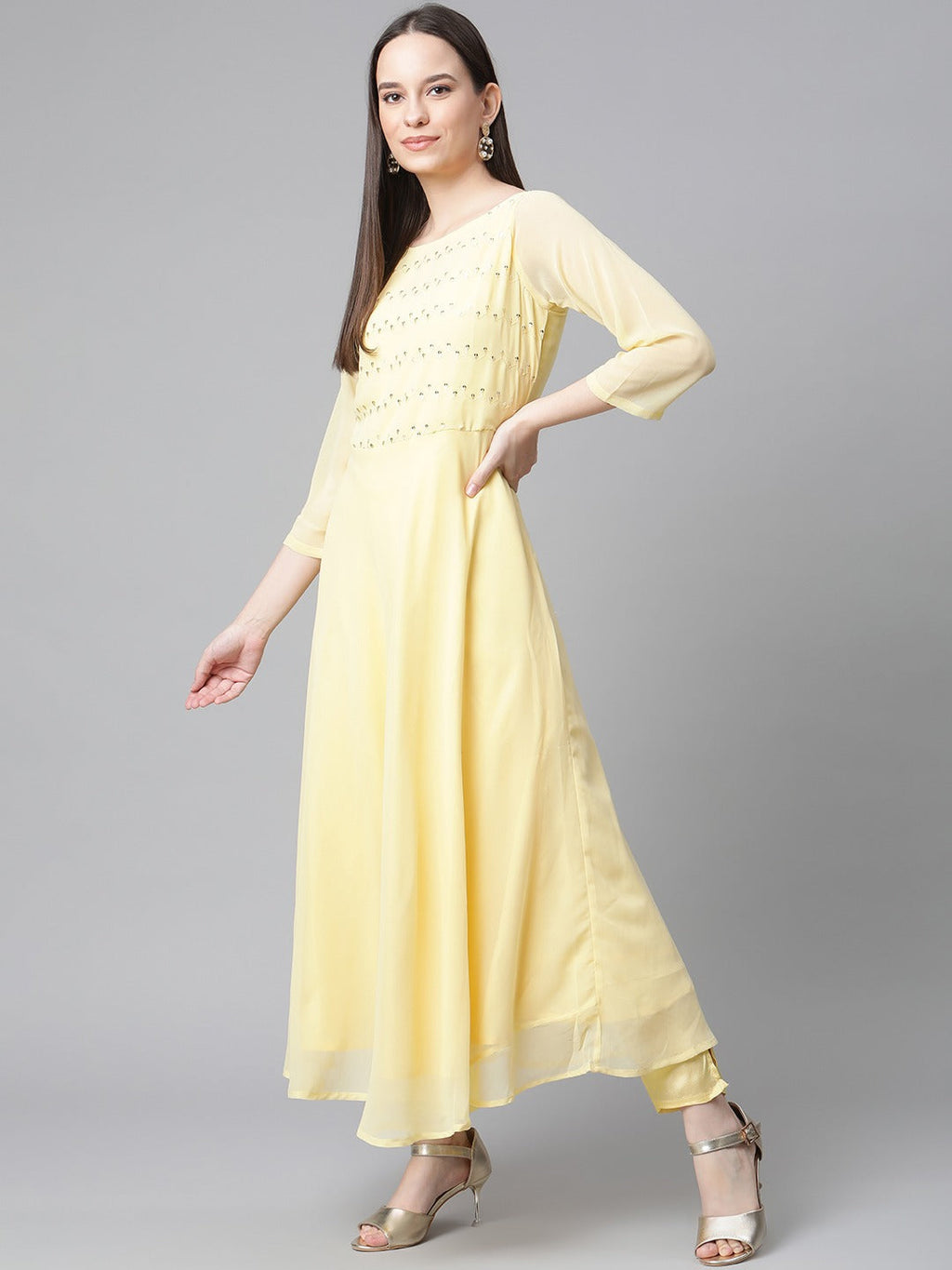 Jompers Women Yellow Embroidered Regular Sequinned Kurta with Trousers & With Dupatta | Grocsy