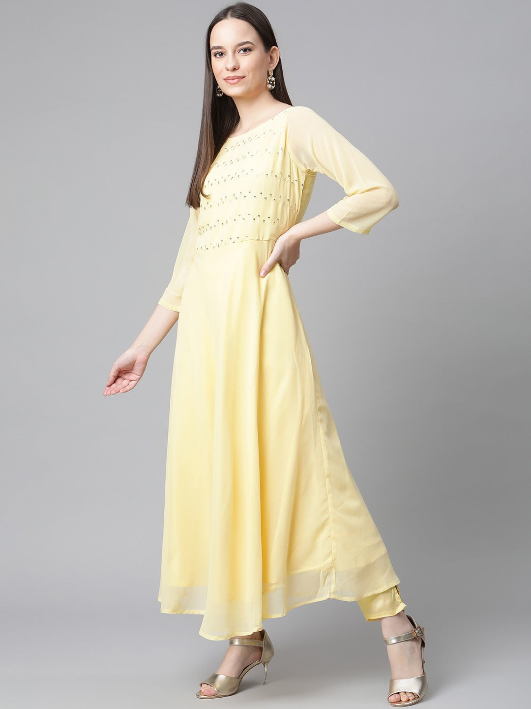 Jompers Women Yellow Embroidered Regular Sequinned Kurta with Trousers & With Dupatta | Grocsy