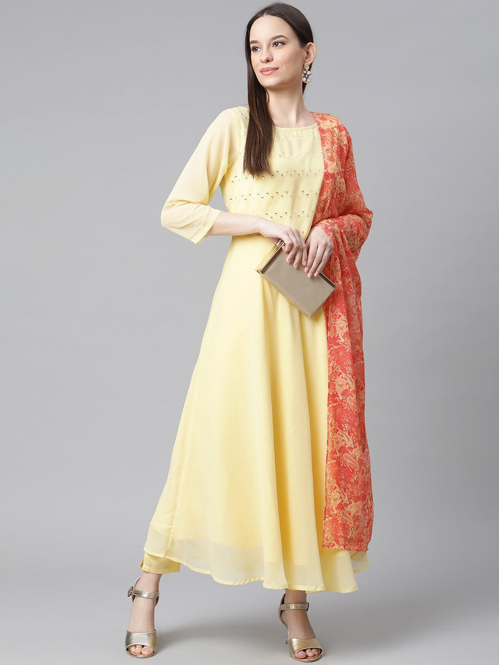Jompers Women Yellow Embroidered Regular Sequinned Kurta with Trousers & With Dupatta | Grocsy