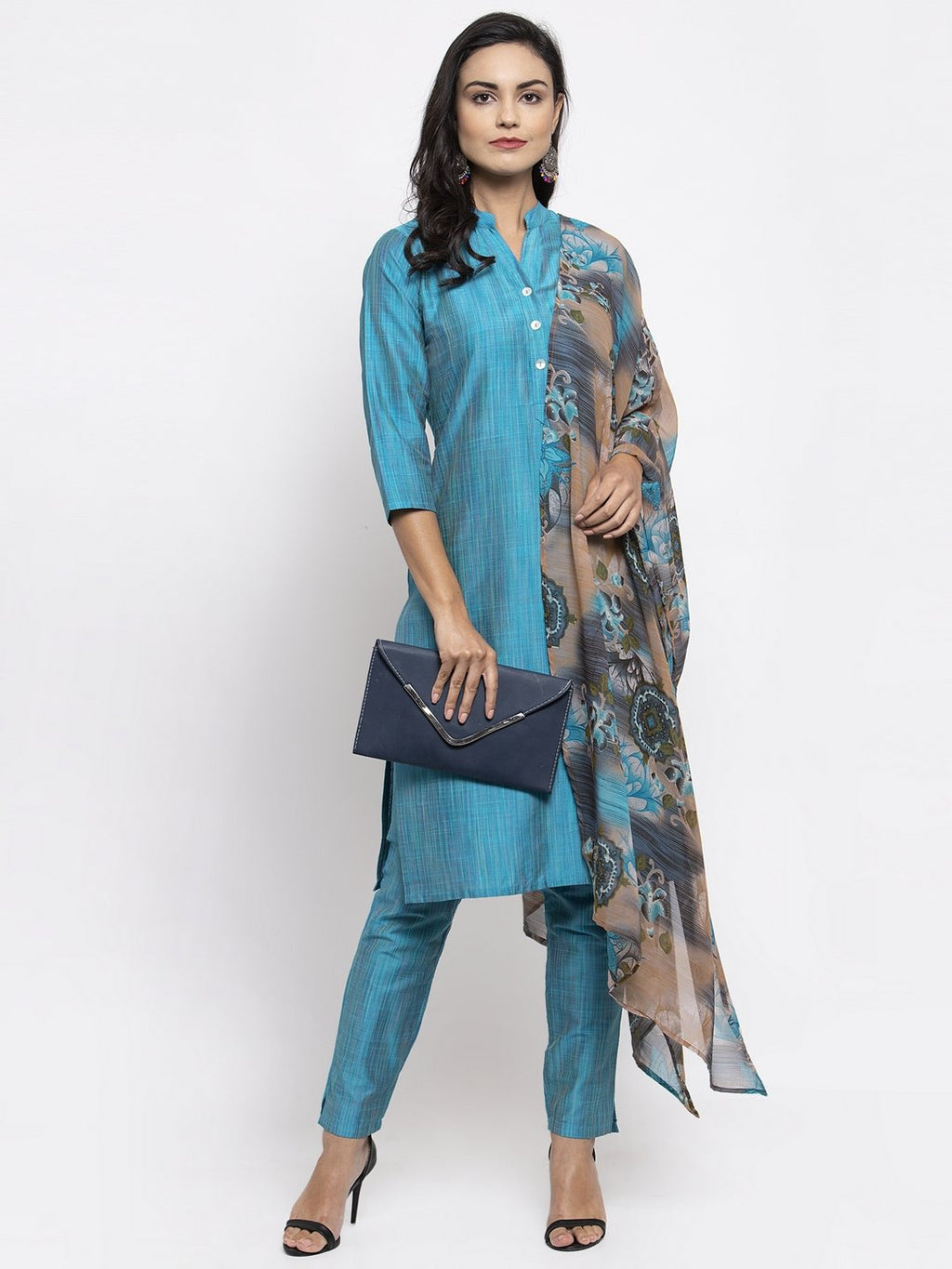 Jompers Women Blue & Green Self-Striped Kurta with Trousers & Printed Georgette Dupatta | Grocsy