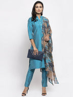 Jompers Women Blue & Green Self-Striped Kurta with Trousers & Printed Georgette Dupatta | Grocsy