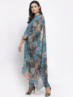 Jompers Women Blue & Green Self-Striped Kurta with Trousers & Printed Georgette Dupatta | Grocsy