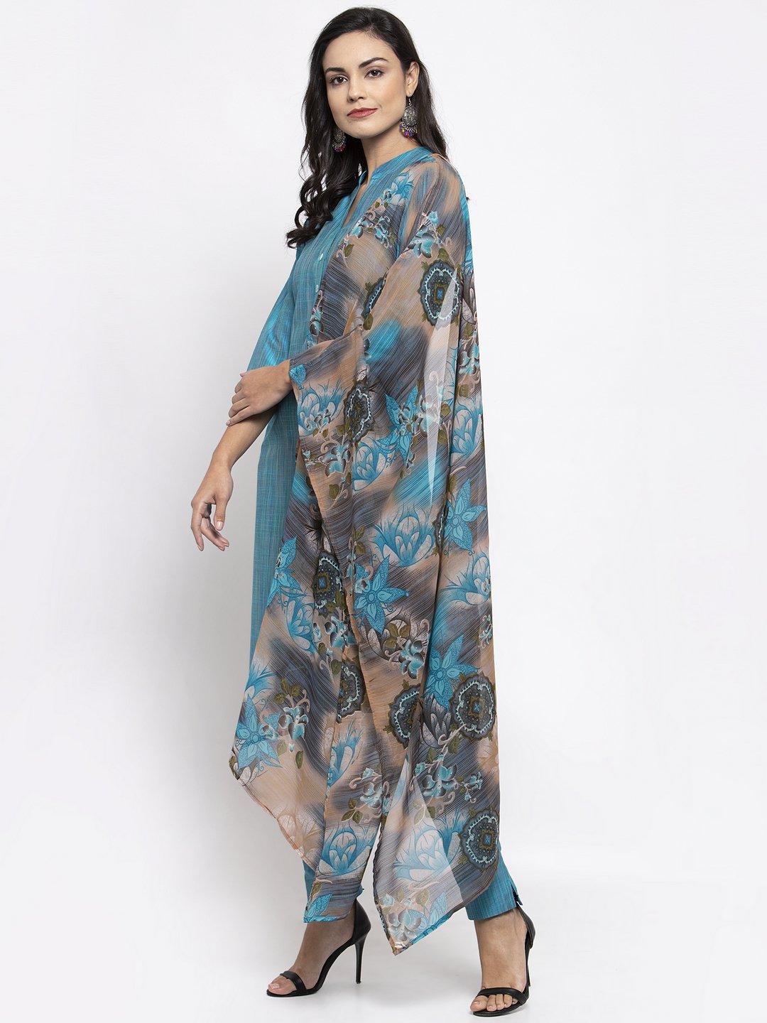 Jompers Women Blue & Green Self-Striped Kurta with Trousers & Printed Georgette Dupatta | Grocsy