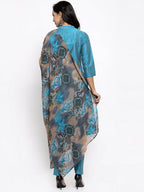 Jompers Women Blue & Green Self-Striped Kurta with Trousers & Printed Georgette Dupatta | Grocsy