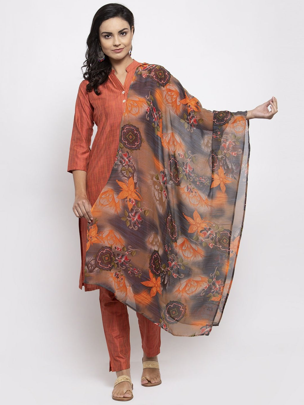 Jompers Women Orange Self-Striped Kurta with Trousers & Georgette Dupatta | Grocsy