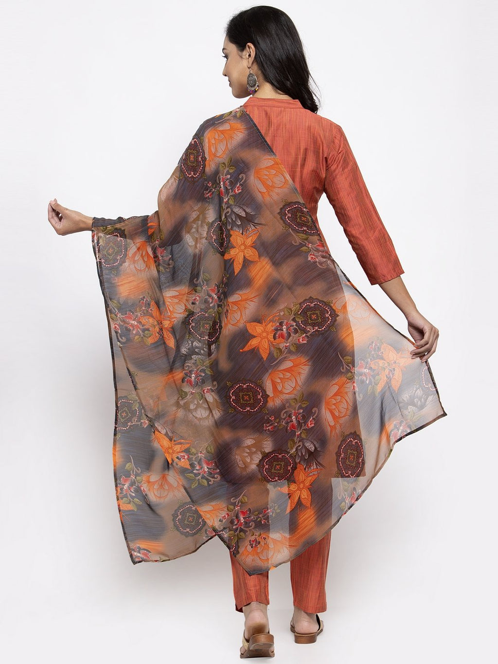 Jompers Women Orange Self-Striped Kurta with Trousers & Georgette Dupatta | Grocsy