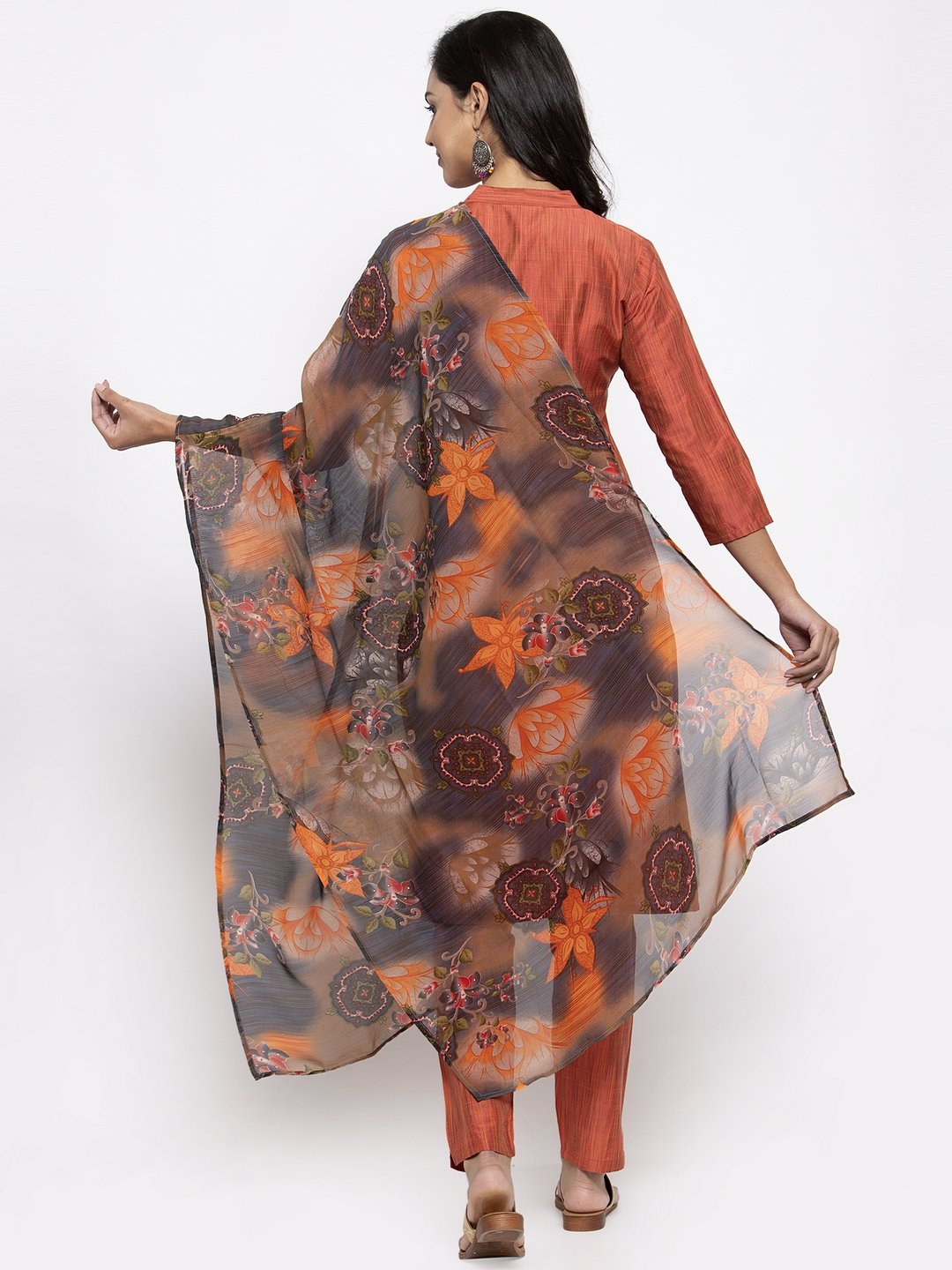 Jompers Women Orange Self-Striped Kurta with Trousers & Georgette Dupatta | Grocsy