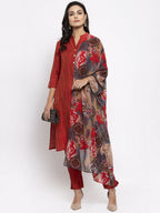 Jompers Women Red Self-Striped Kurta with Trousers & Georgette Dupatta | Grocsy