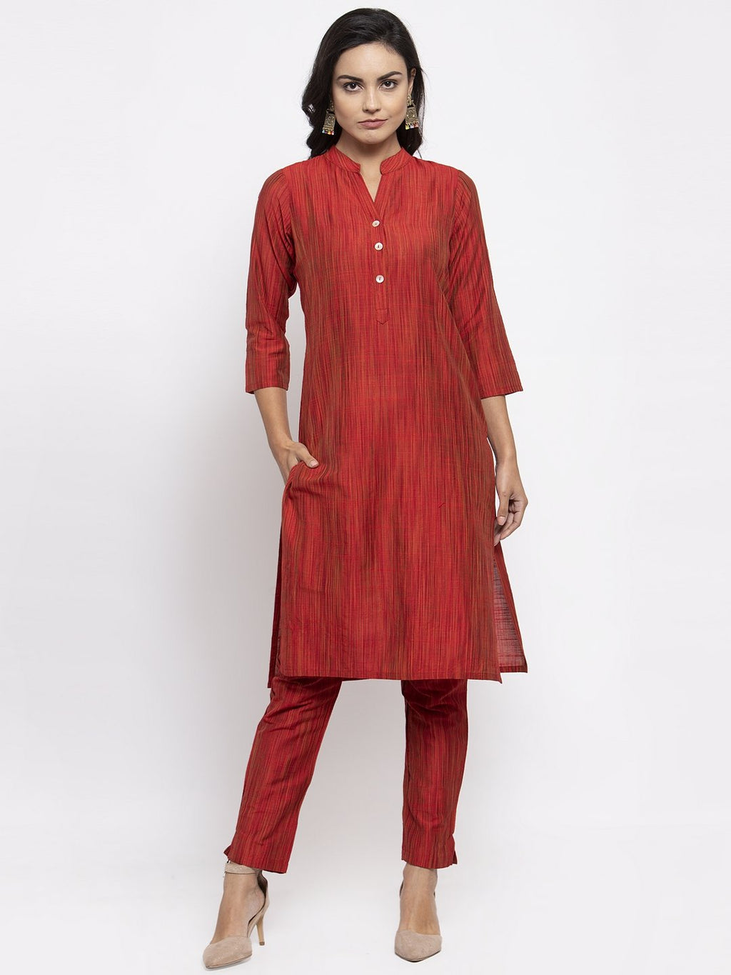 Jompers Women Red Self-Striped Kurta with Trousers & Georgette Dupatta | Grocsy