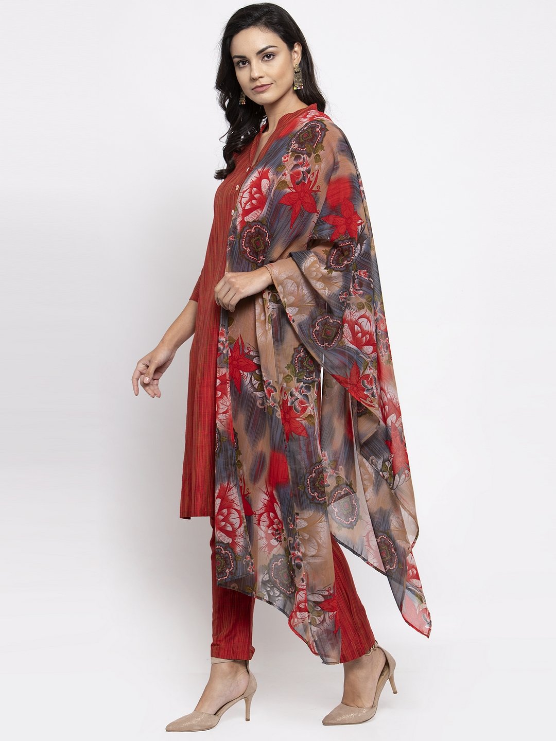 Jompers Women Red Self-Striped Kurta with Trousers & Georgette Dupatta | Grocsy