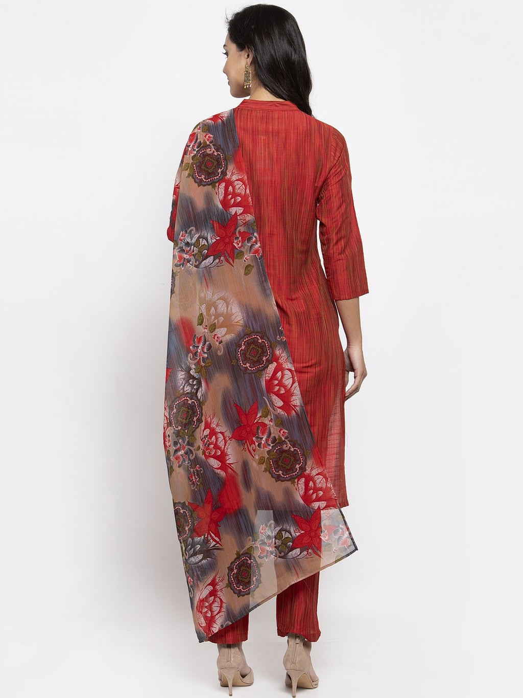 Jompers Women Red Self-Striped Kurta with Trousers & Georgette Dupatta | Grocsy