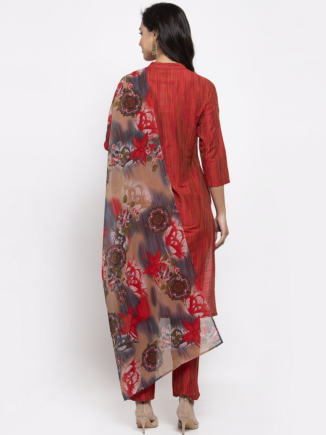 Jompers Women Red Self-Striped Kurta with Trousers & Georgette Dupatta | Grocsy