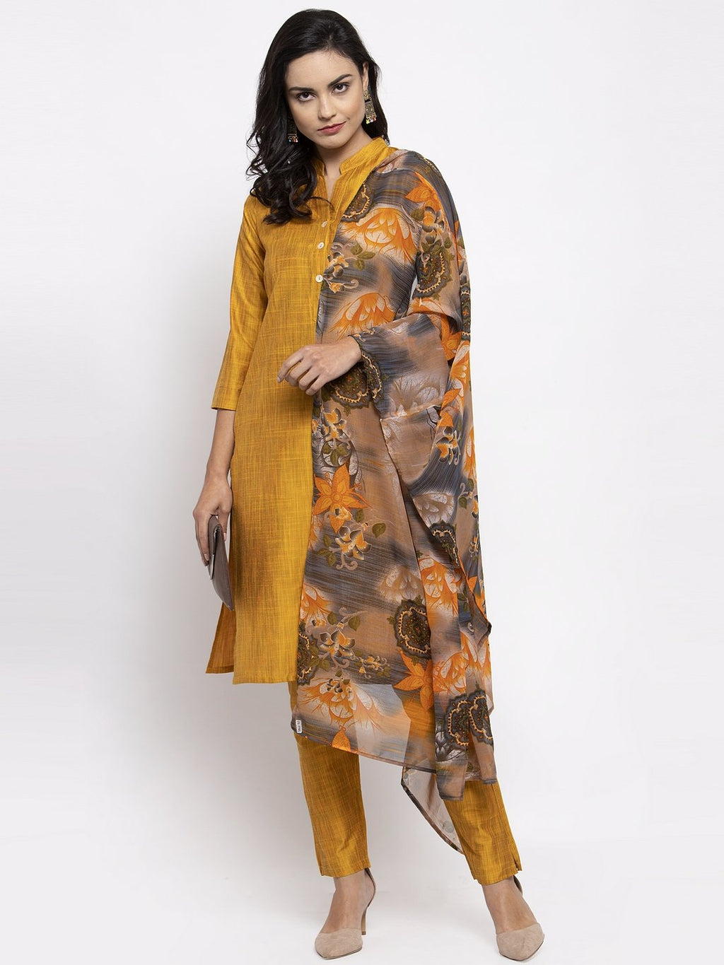 Jompers Women Yellow Self-Striped Kurta with Trousers & Gorgette Dupatta | Grocsy