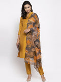 Jompers Women Yellow Self-Striped Kurta with Trousers & Gorgette Dupatta | Grocsy