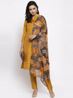 Jompers Women Yellow Self-Striped Kurta with Trousers & Gorgette Dupatta | Grocsy
