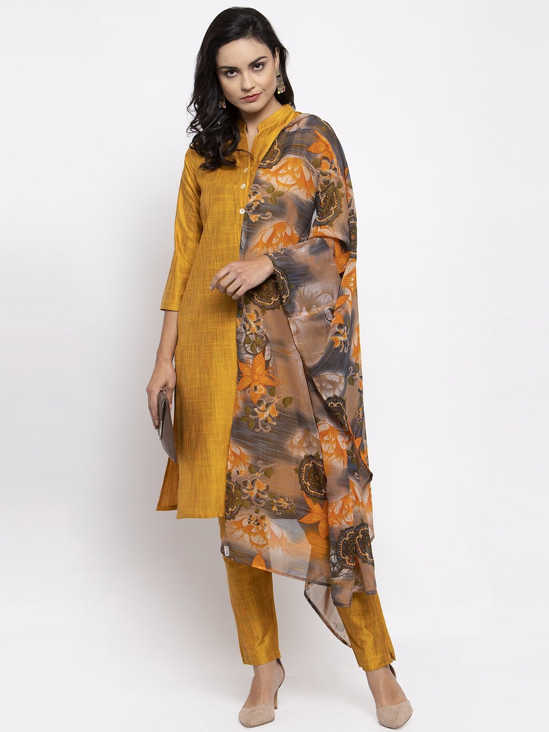 Jompers Women Yellow Self-Striped Kurta with Trousers & Gorgette Dupatta | Grocsy