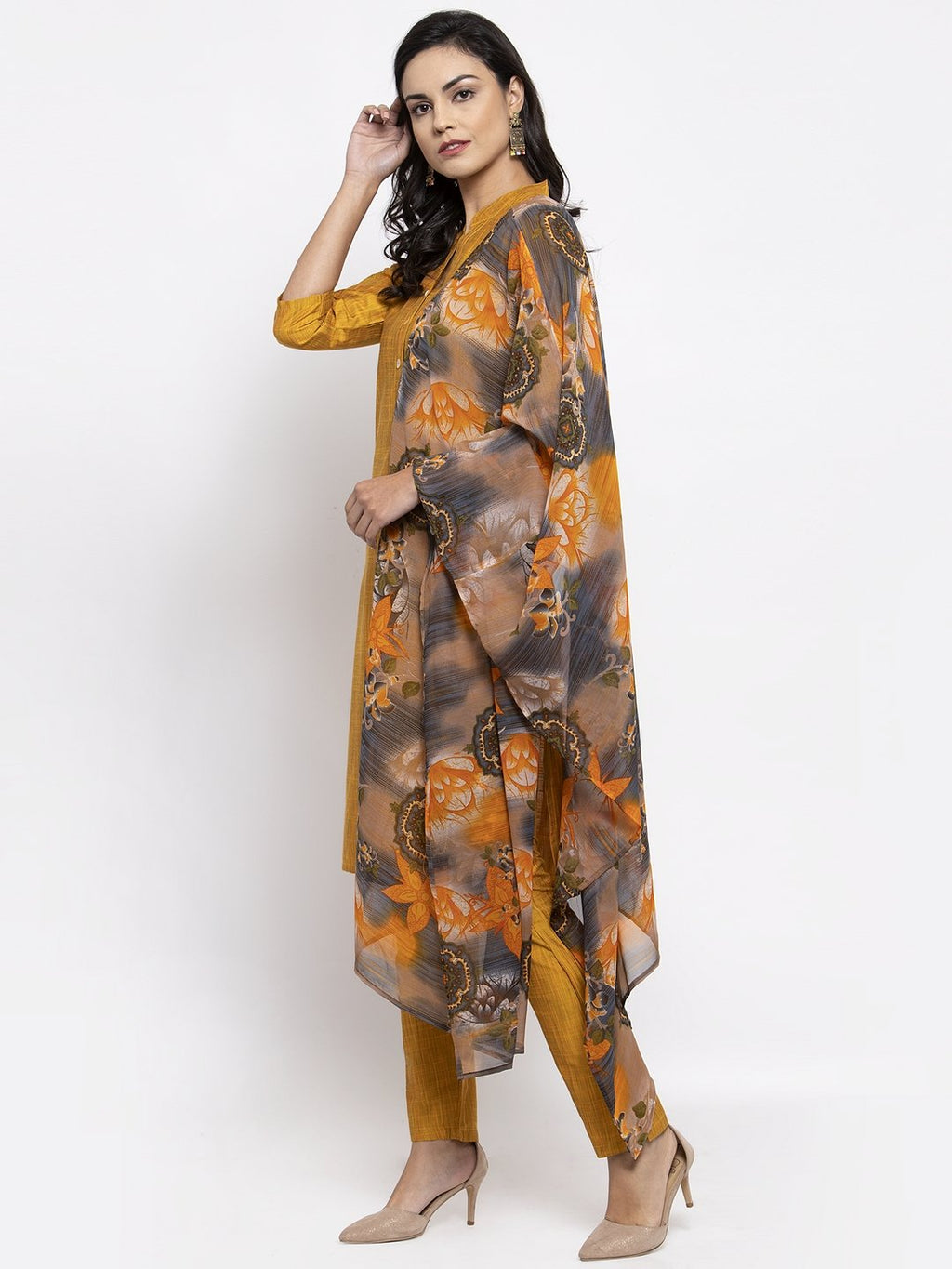 Jompers Women Yellow Self-Striped Kurta with Trousers & Gorgette Dupatta | Grocsy