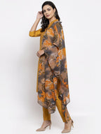 Jompers Women Yellow Self-Striped Kurta with Trousers & Gorgette Dupatta | Grocsy