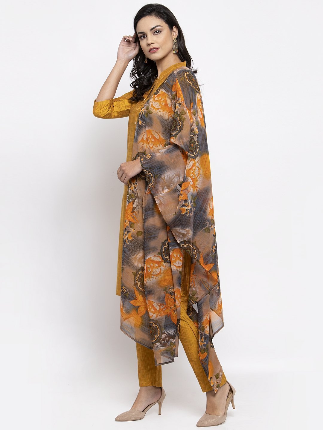 Jompers Women Yellow Self-Striped Kurta with Trousers & Gorgette Dupatta | Grocsy