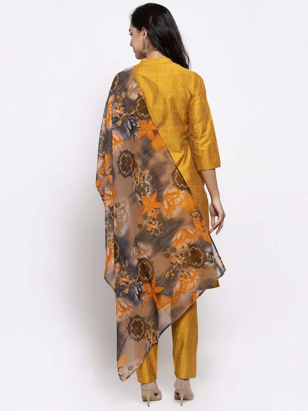 Jompers Women Yellow Self-Striped Kurta with Trousers & Gorgette Dupatta | Grocsy