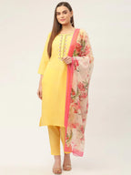 Jompers Women's Yellow Embroidered Regular Kurta with Trousers & With Dupatta | Grocsy