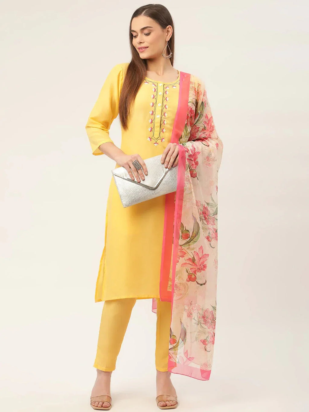 Jompers Women's Yellow Embroidered Regular Kurta with Trousers & With Dupatta | Grocsy