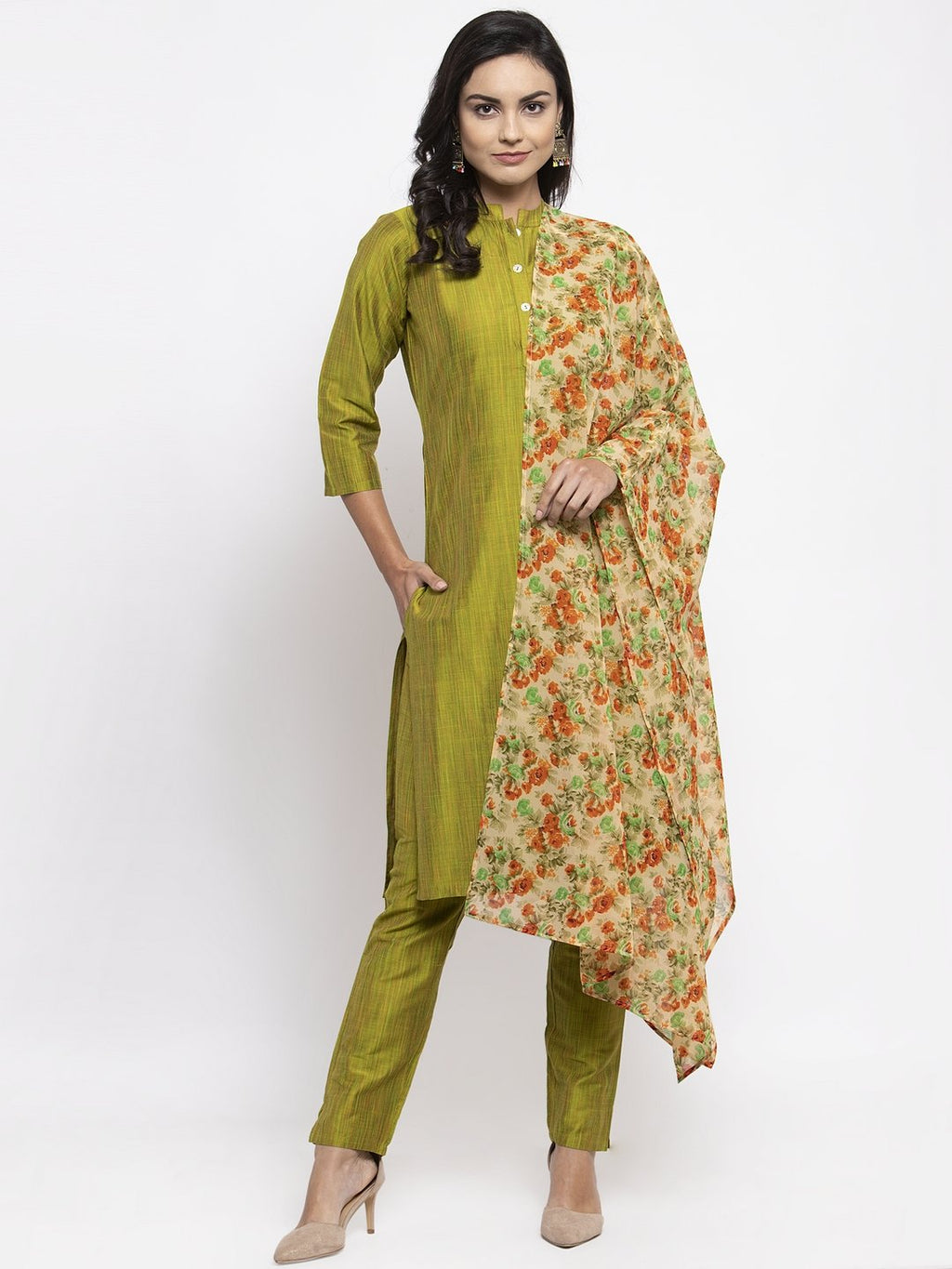 Jompers Women Green Self-Striped Kurta with Trousers & Floral Georgette Dupatta | Grocsy