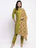Jompers Women Green Self-Striped Kurta with Trousers & Floral Georgette Dupatta | Grocsy