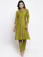 Jompers Women Green Self-Striped Kurta with Trousers & Floral Georgette Dupatta | Grocsy