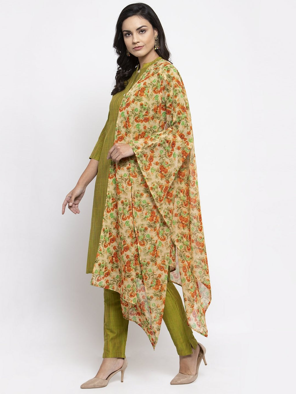 Jompers Women Green Self-Striped Kurta with Trousers & Floral Georgette Dupatta | Grocsy