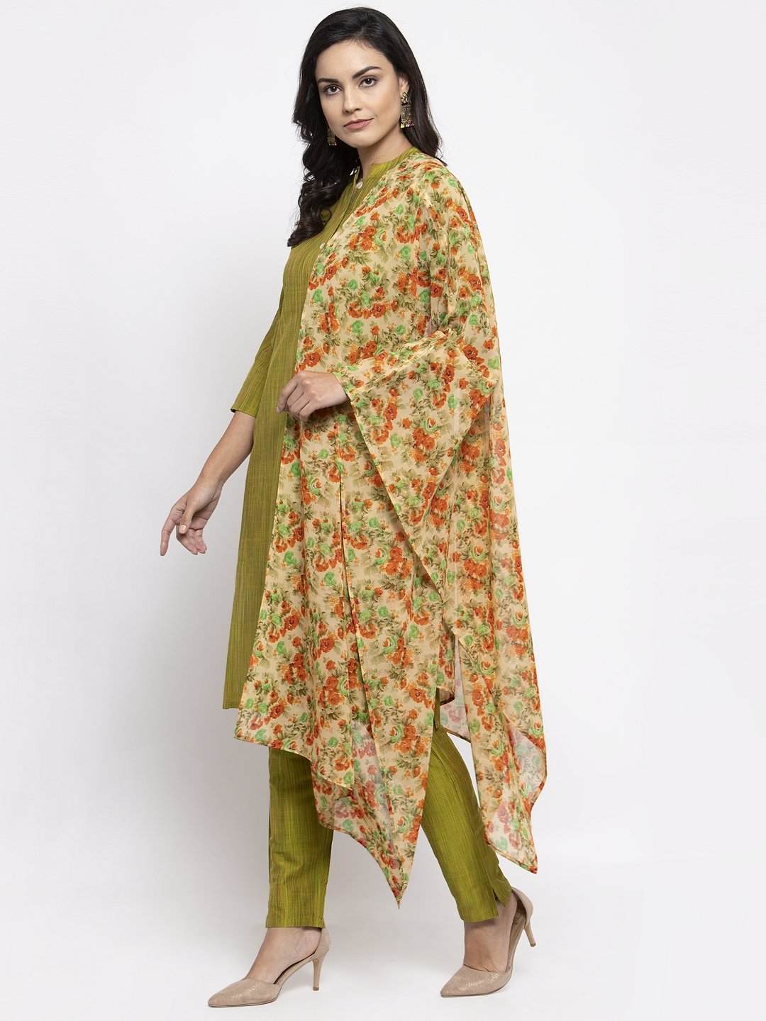 Jompers Women Green Self-Striped Kurta with Trousers & Floral Georgette Dupatta | Grocsy
