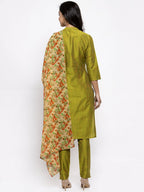 Jompers Women Green Self-Striped Kurta with Trousers & Floral Georgette Dupatta | Grocsy