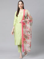Jompers Women's Green Embroidered Regular Kurta with Trousers & With Dupatta | Grocsy