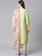 Jompers Women's Green Embroidered Regular Kurta with Trousers & With Dupatta | Grocsy