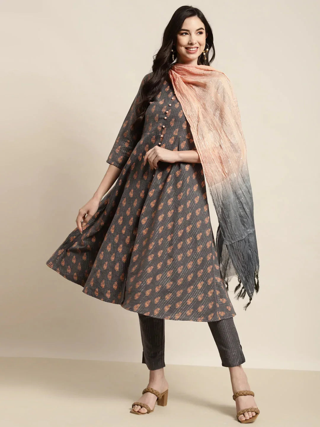 Jompers Women's Printed Kurta with Trousers & With Dupatta - Grey | Grocsy
