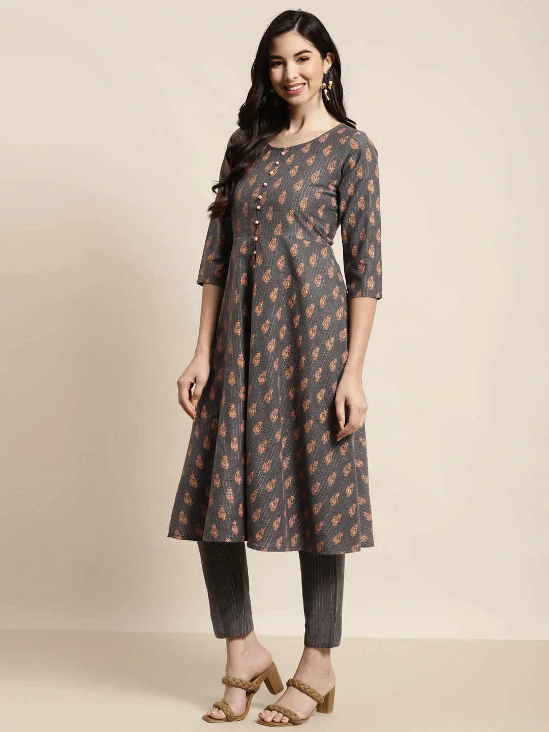Jompers Women's Printed Kurta with Trousers & With Dupatta - Grey | Grocsy