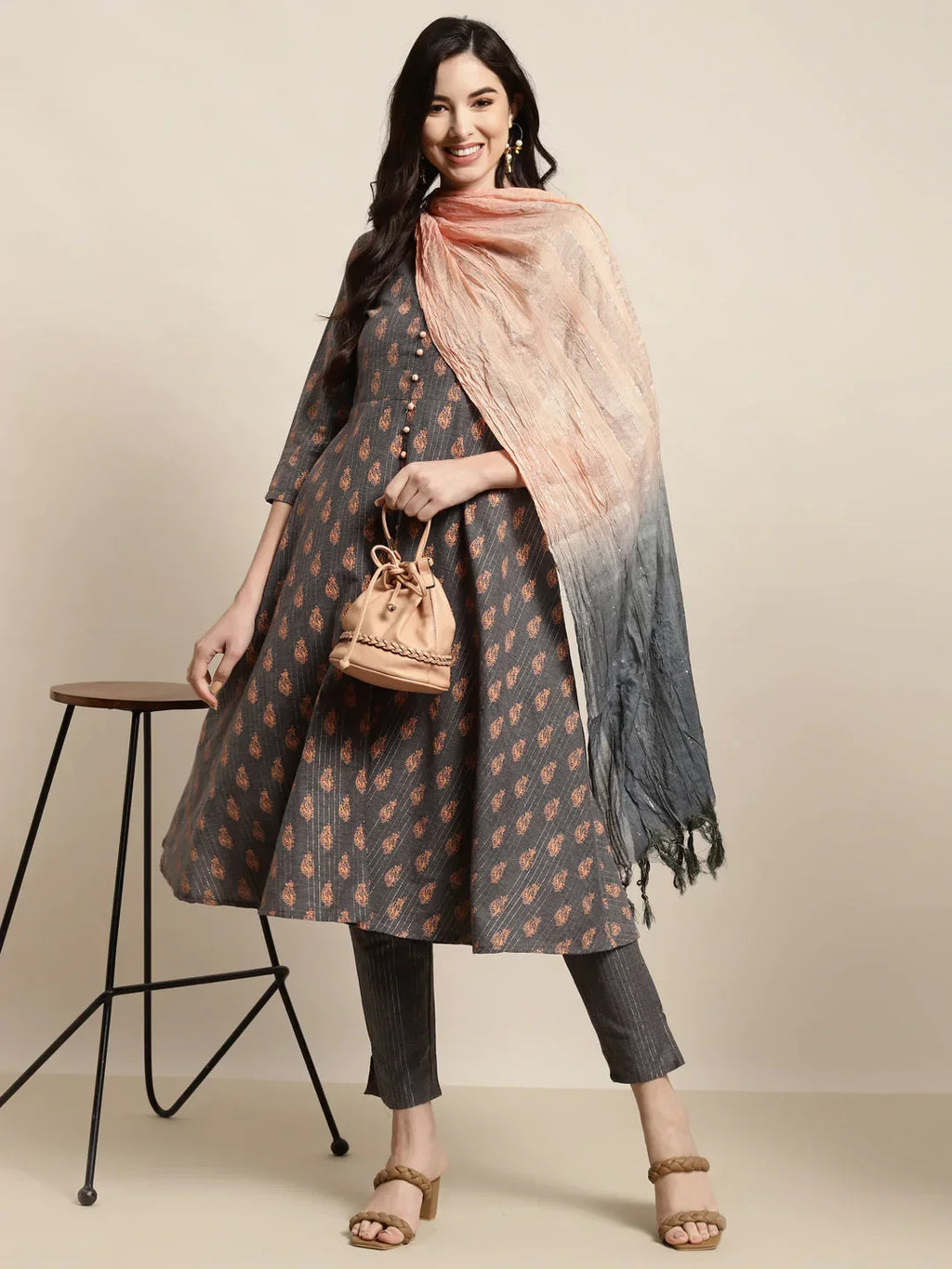 Jompers Women's Printed Kurta with Trousers & With Dupatta - Grey | Grocsy