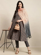 Jompers Women's Printed Kurta with Trousers & With Dupatta - Grey | Grocsy