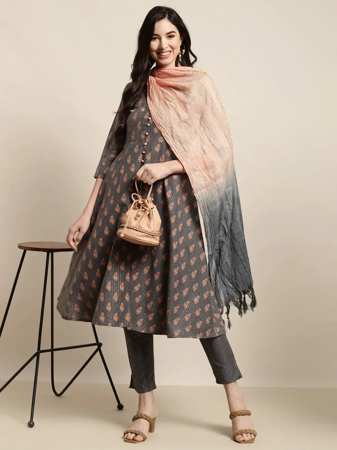 Jompers Women's Printed Kurta with Trousers & With Dupatta - Grey | Grocsy