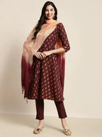 Jompers Women's Printed Kurta with Trousers & With Dupatta - Maroon | Grocsy