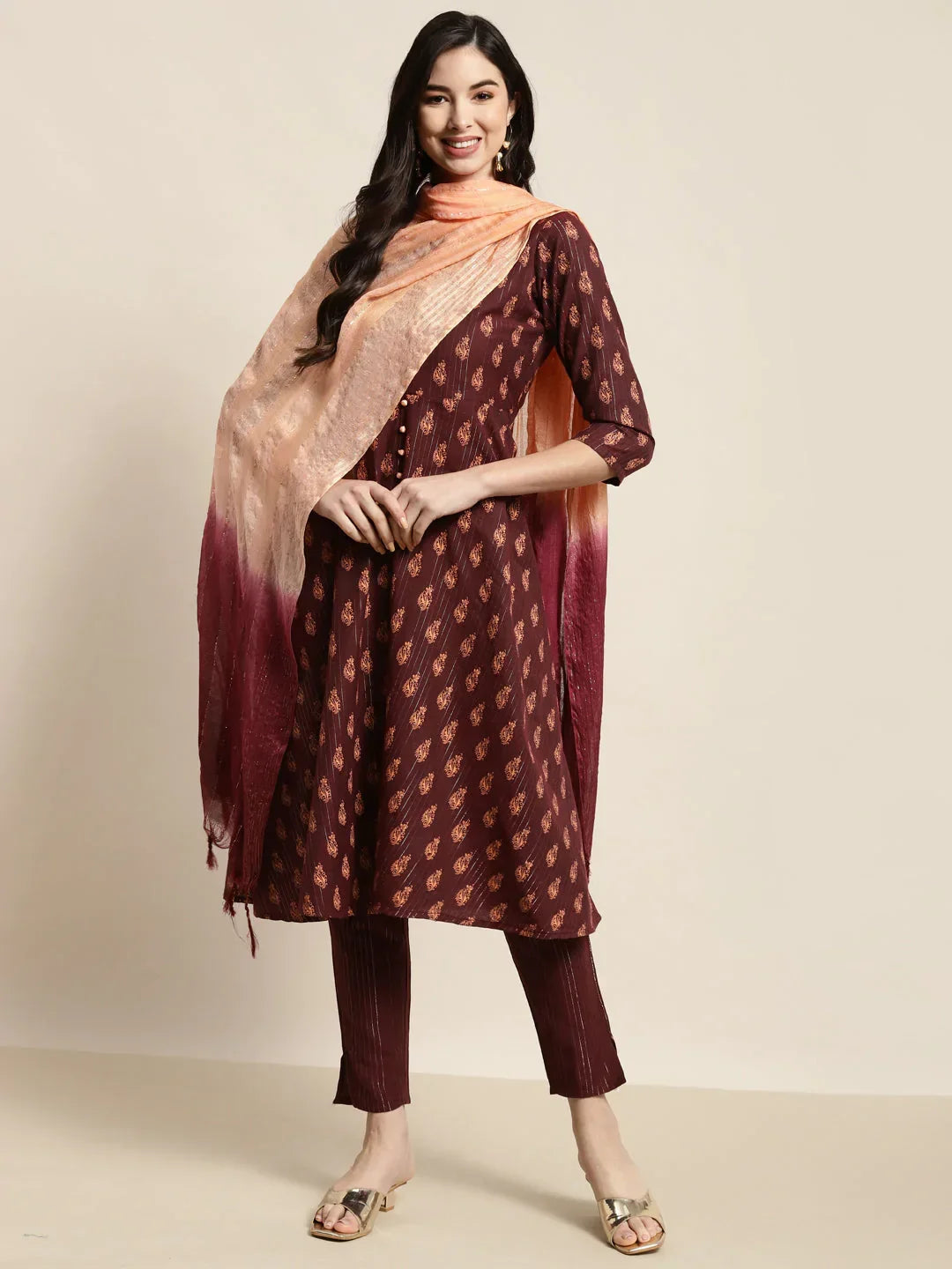 Jompers Women's Printed Kurta with Trousers & With Dupatta - Maroon | Grocsy