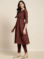Jompers Women's Printed Kurta with Trousers & With Dupatta - Maroon | Grocsy