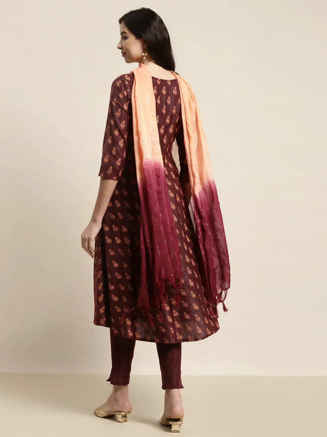 Jompers Women's Printed Kurta with Trousers & With Dupatta - Maroon | Grocsy